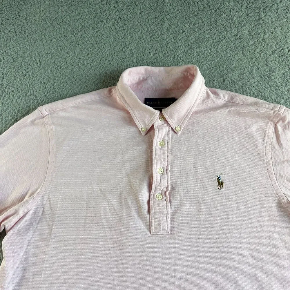 Ralph Lauren Polo Shirt Mens Large‎ Pink Knit Oxford Casual Preppy Button Down